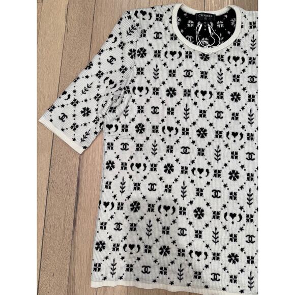 Chanel 19K Coco Neige Black White Wool CC Logo Top Short Sleeve Tee T Shirt 40 - Picture 4 of 16
